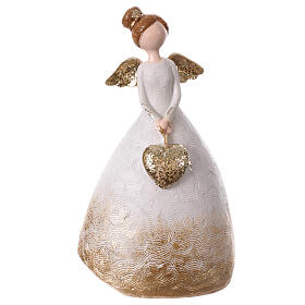 Angel with bun, white and gold with glitter, resin, 9 in