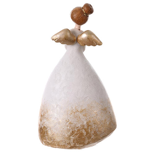 Angel with bun, white and gold with glitter, resin, 9 in 4