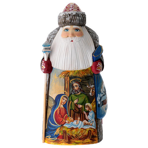 Russian Santa Claus with Nativity Scene, wooden statue, 8 in 1