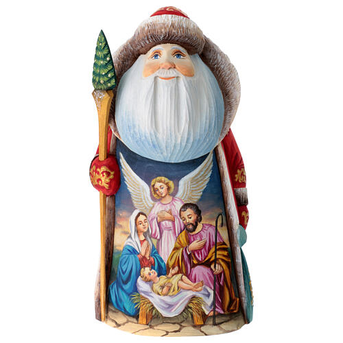 Carved Ded Moroz with Holy Family and angel, 9.5 in 1