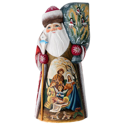 Santa Claus with Nativity Scene, Russian wooden statue, 10 in 1