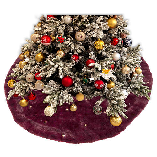Cache-pied sapin de Noël bordeaux broderies étoiles 90 cm 2