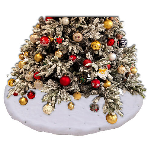 Christmas tree base cover, white fabric with silver star pattern, 35 in 2