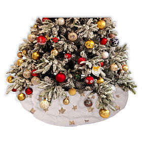White polyester Christmas tree base cover with gold star embroideries, 33.5 in