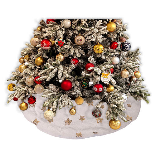 Copribase albero poliestere bianco ricami oro stelle 85 cm 2