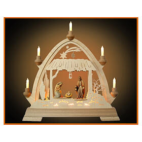 Arco navideño madera Val Gardena natural Natividad 40x40 cm LED