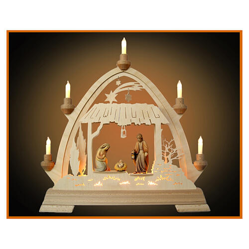 Arco navideño madera Val Gardena natural Natividad 40x40 cm LED 1