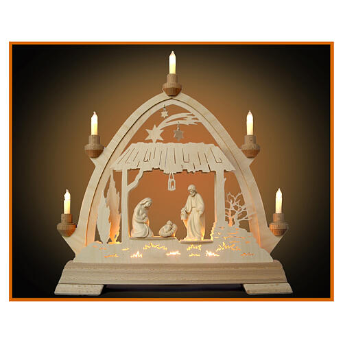 Arco navideño madera Val Gardena natural Natividad 40x40 cm LED 3