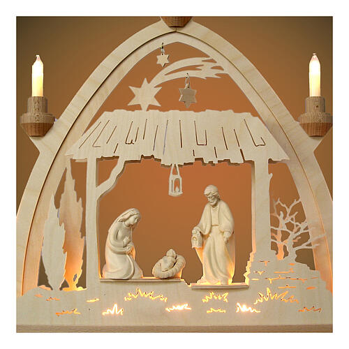 Arco navideño madera Val Gardena natural Natividad 40x40 cm LED 4