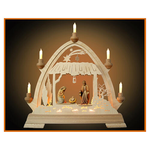 Arco natalizio legno Valgardena Natività 40x40 cm LED colorato 1