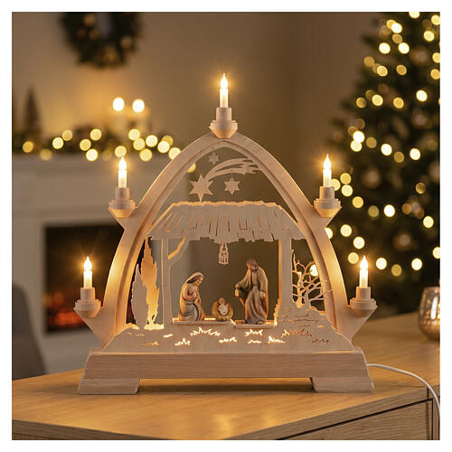 Arco Natal madeira Val Gardena Natividade 40x40 cm LED pintado 2