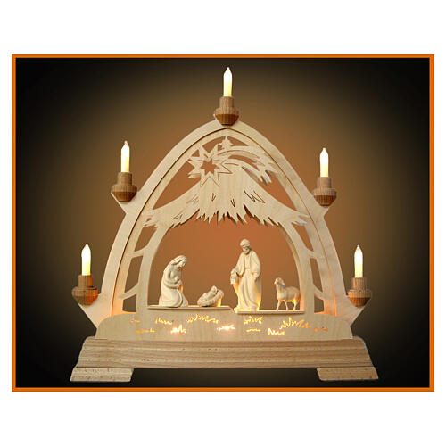 Christmas arch, Val Gardena natural wood, 16x16 in, Nativity Scene with LED lights 1