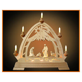 Valgardena natural wood LED Christmas arch nativity, 40x40 cm