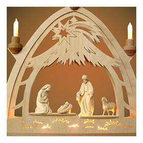 Valgardena natural wood LED Christmas arch nativity, 40x40 cm