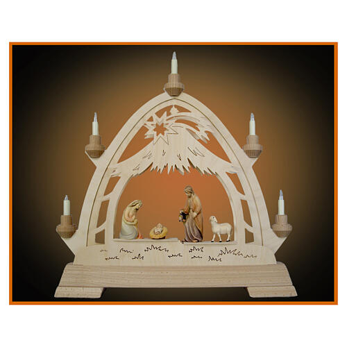 Arc Noël bois Val Gardena peint 40x40 cm LED Nativité 1