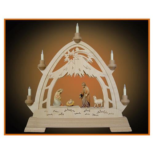 Colored Valgardena wooden Christmas arch 40x40 cm LED Nativity 1