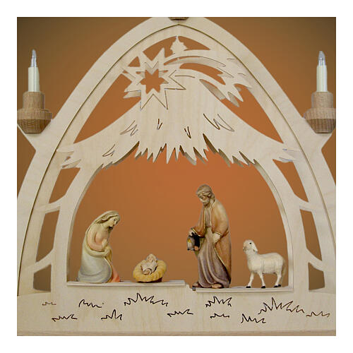 Colored Valgardena wooden Christmas arch 40x40 cm LED Nativity 2