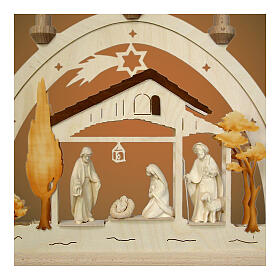 Arco de Natal madeira natural Val Gardena 40x50 cm Sagrada Família pastor