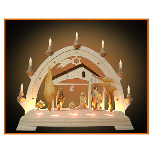 Colored Christmas arch 40x50 cm Val Gardena wood Nativity with shepherd 1