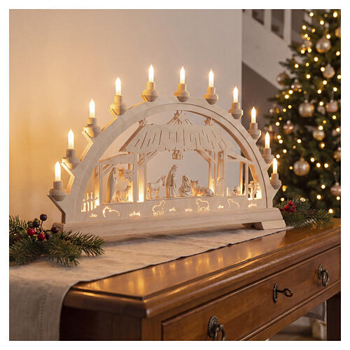 LED Christmas arch Paul in natural Val Gardena maple wood with 9 Nativity figures, 8 cm 40x65x5 cm 2