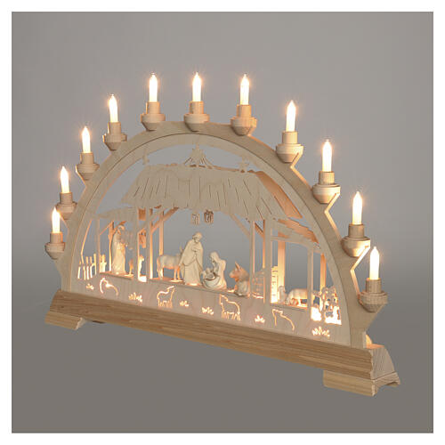 LED Christmas arch Paul in natural Val Gardena maple wood with 9 Nativity figures, 8 cm 40x65x5 cm 6