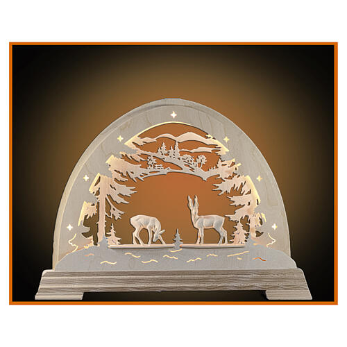 Arco navideño madera natural Val Gardena LED corzos 50x40 cm 1