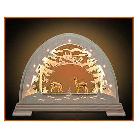 Christmas arch with roebucks, bicoloured patinated wood, Val Gardena, 20x16 cm, LED lights