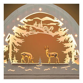 Christmas arch with roebucks, bicoloured patinated wood, Val Gardena, 20x16 cm, LED lights