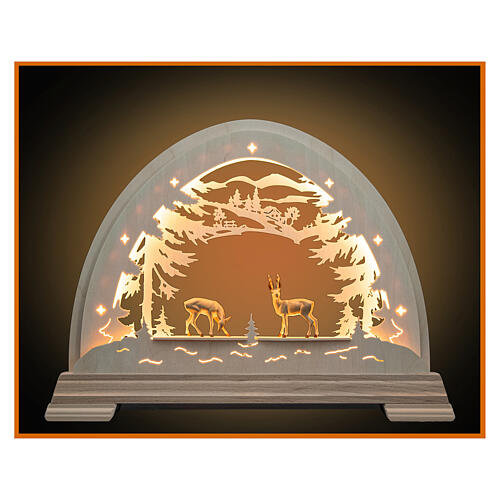 Christmas arch with roebucks, bicoloured patinated wood, Val Gardena, 20x16 cm, LED lights 1