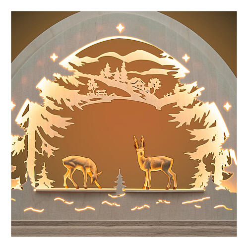 Christmas arch with roe deer in two-tone patinated Val Gardena wood 50x40 cm LED 2