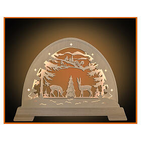 Christmas arch with roebucks and tree, LED lights, natural wood of Val Gardena, 20x16 cm