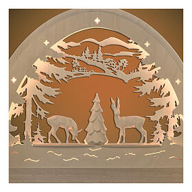 Christmas arch with roebucks and tree, LED lights, natural wood of Val Gardena, 20x16 cm