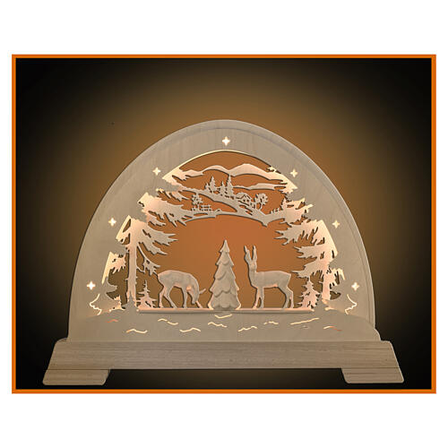 Christmas arch with roebucks and tree, LED lights, natural wood of Val Gardena, 20x16 cm 1