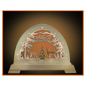 Painted Christmas arch, roebucks with tree, 20x16 in, LED lights, Val Gardena wood