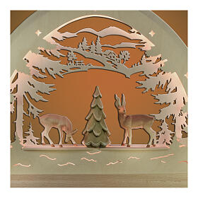 Painted Christmas arch, roebucks with tree, 20x16 in, LED lights, Val Gardena wood