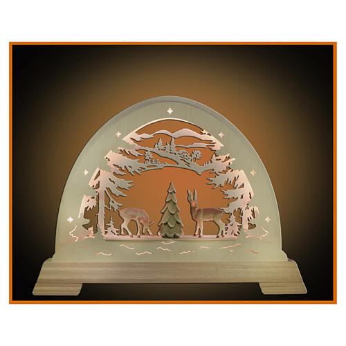 Painted Christmas arch, roebucks with tree, 20x16 in, LED lights, Val Gardena wood 1