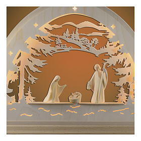 Christmas arch "Bosco", natural wood of Val Gardena, Holy Family, LED lights