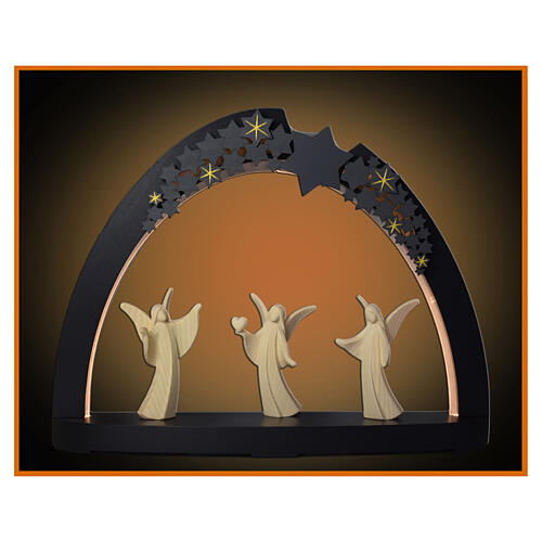 Christmas arch with stars and angels, Aram collection, Val Gardena natural wood, LED lights, 16 in 1