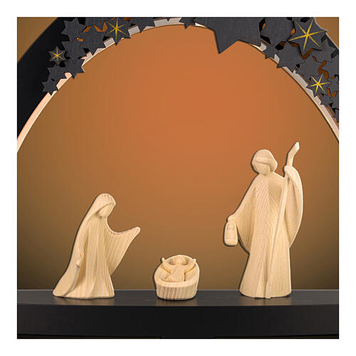 Arco navideño estrellas Natividad Aram ángel madera natural bicolor Val Gardena 40 cm LED 2