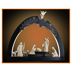 Christmas arch of 16 in with Aram Nativity Scene, set of 10, natural wood and LED lights, Val Gardena