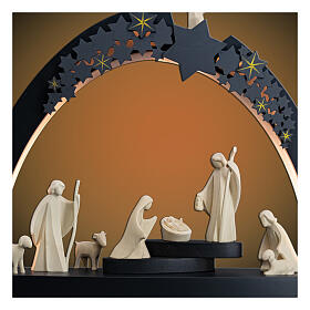 Christmas arch of 16 in with Aram Nativity Scene, set of 10, natural wood and LED lights, Val Gardena