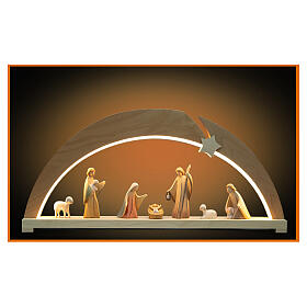 Christmas arch of painted wood, Val Gardena Nativity Scene Aram with 8 figurines and LED lights