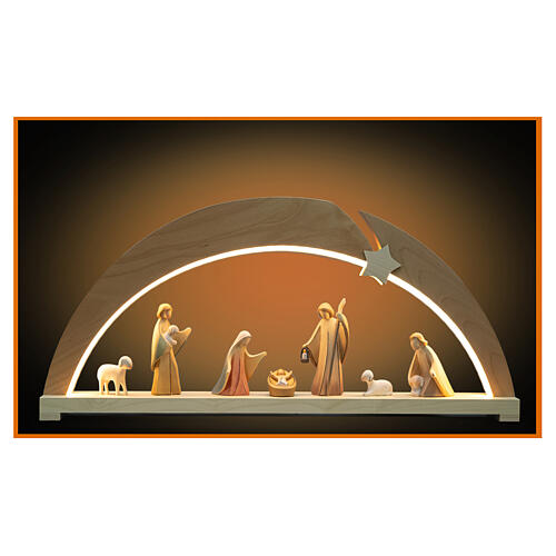 Christmas arch of painted wood, Val Gardena Nativity Scene Aram with 8 figurines and LED lights 1