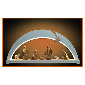 White Christmas arch with Aram Nativity Scene, 8 painted wooden figurines and LED lights, Val Gardena