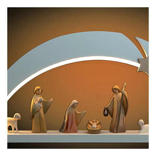 White Christmas arch with Aram Nativity Scene, 8 painted wooden figurines and LED lights, Val Gardena 2