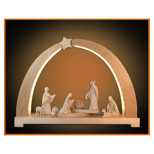 Christmas arch with 9 figurines, Aram Nativity Scene, Val Gardena natural wood 1