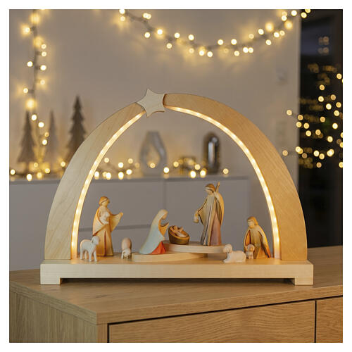 Lichterbogen, Heilige Familie und Hirten, 10 cm Aram-Figurenserie, Holz natur/koloriert, mit LED-Beleuchtung, Grödner Kunsthandwerk 2
