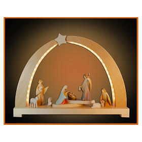 Painted Christmas arch with 9 figurines, Aram Nativity Scene, Val Gardena maple wood