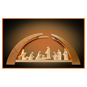 Christmas arch with 12 figurines of natural wood, Aram Nativity Scene from Val Gardena, LED lights