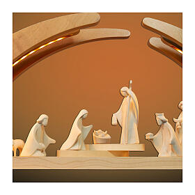 Christmas arch with 12 figurines of natural wood, Aram Nativity Scene from Val Gardena, LED lights